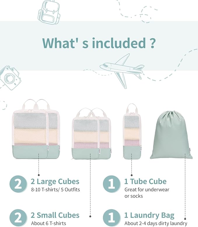 Narwey 6 Set/5 Set Compression Packing Cubes for Travel Kids Women Carry on, Packing Organizers Bag for Backpack Luggage Suitcase Duffle Bags