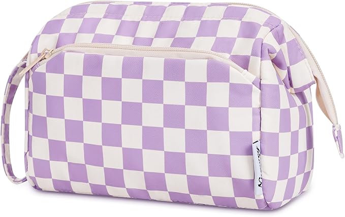 Narwey Checkered Makeup Bag Women Wide-open Make up Bag Travel Cosmetic Bag Organizer Toiletry Bag for Cosmetics Toiletries Accessories (Purple Checkerboard)