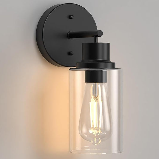 1 Pack Black Bathroom Wall Sconce with Clear Glass Shade, Modern Vanity Light Fixture Over Mirror for Bathroom, Bedroom, Hallway, Living Room