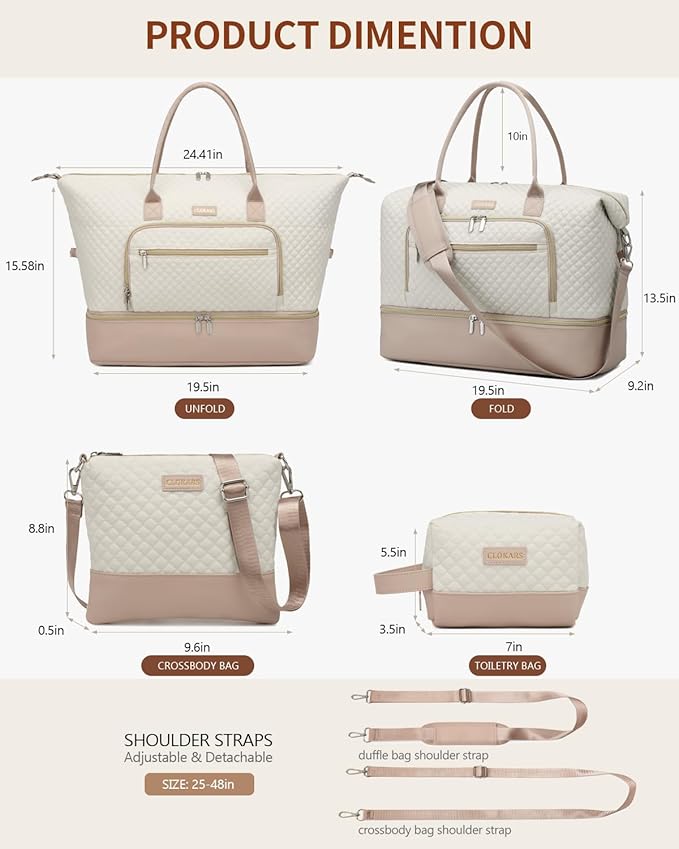 Weekender Bags for Women, Travel Duffle Bag Carry On Overnight Bag with Cosmetics Bag and Crossbody Purse for Gym Hospital, Gifts for Women, Beige Pink