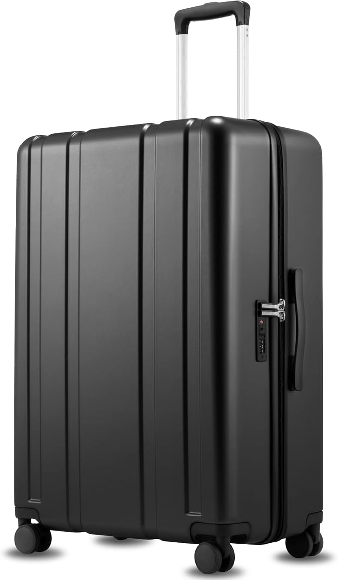 LUGGEX 28 Inch Large Checked Suitcase, L2 105L Capacity PC Hard Shell Luggage with 360° Spinner Wheels & TSA Lock, Durable Travel Bag for Extended Trips (EX-Core, Black, 28 Inch)