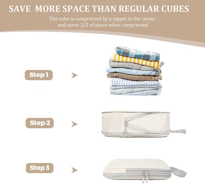 4 Set Compression Packing Cubes for Suitcase - Space-Saving Luggage Organizer Bags, Lightweight Travel Essentials for Efficient Packing (Beige)