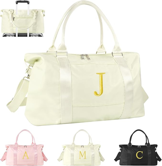 Personalized Initial Gym Dance Bag, Travel Duffel Bag for Teen Girls, Carry On Bag Overnight Weekender Bag with Trolley Sleeve, Birthday Gifts for Women Mom Daughter Graduation Gift(Letter J, Beige)