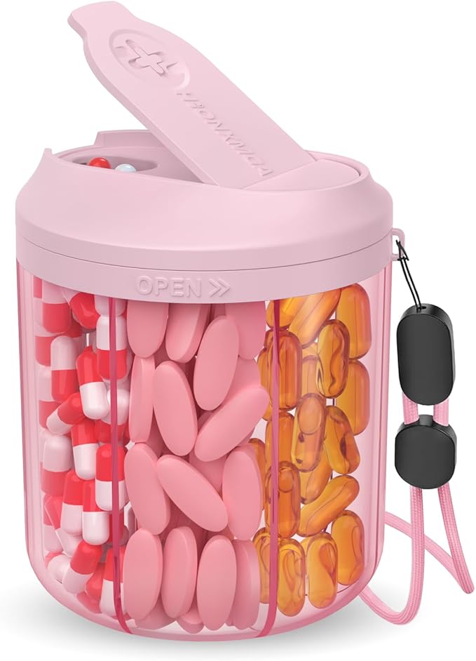 Pill Dispenser with 7 Large Compartments, Pill Bottle Organizer for Travel, Supplement Organizer with Anti-Mixing Design, Pink