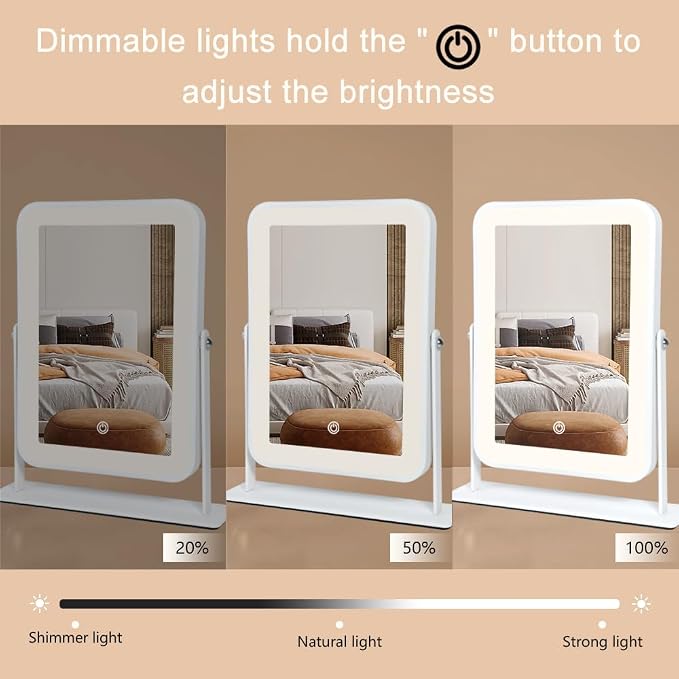 YEKKOPT Small Desk Mirror with Lights, Lighted Makeup Mirror with Light, Portable Tabletop Make Up Mirror for Desk, Vanity Mirror with Lights,Smart Touch Control, Dual Power Supply, 360°Rotation