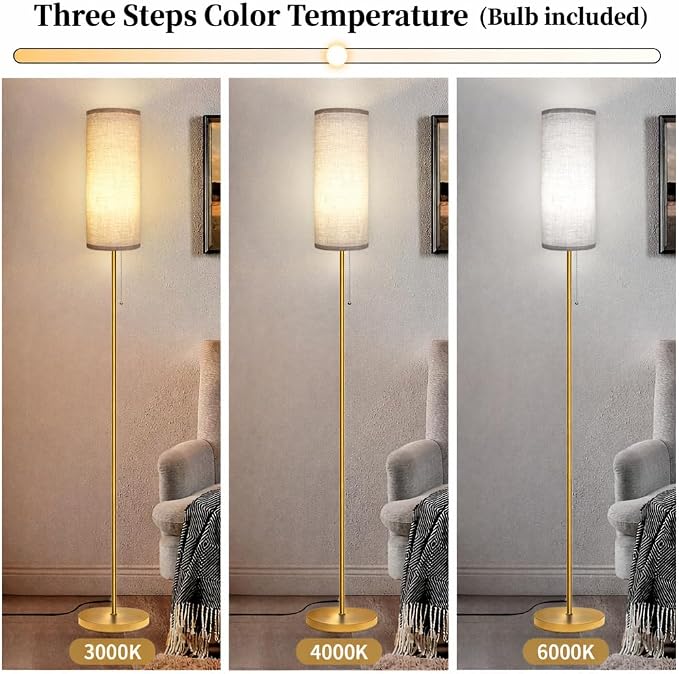 Ldeco Modern Floor Lamp for Living Room, Gold Standing Lamps with 3 Color Temperatures Bulb, Minimalist Tall Lamp with Chain Switch for Bedroom, LED Bulb Included(Beige Shade+Gold)