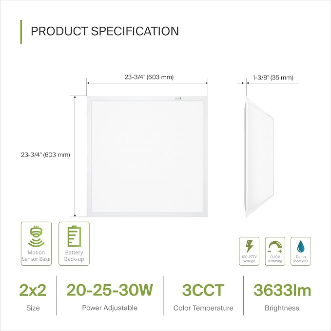 ASD 2 Pack 2x2 LED Flat Panel Light with Emergency Battery Backup - 20/25/30W UL DLC | 3633LM 3500K-5000K 120-277V Dimmable 2x2 LED Drop Ceiling Light Fixture | 2x2 Commercial Lights for Ceiling