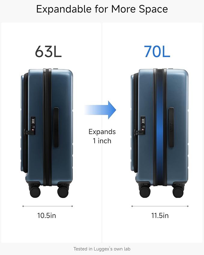LUGGEX Checked Luggage with Spinner Wheels, FLO5 Top Opening Expandable Polycarbonate Hard Shell Suitcase with TSA Approved Lock (FX-Core, Blue, 24 Inch)
