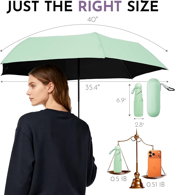 Travel Mini Umbrella Compact Small & Lightweight, UV Rain Protection, Pocket-Sized Folding Umbrellas with Quickdraw & Case for Men Women & Kids Backpack