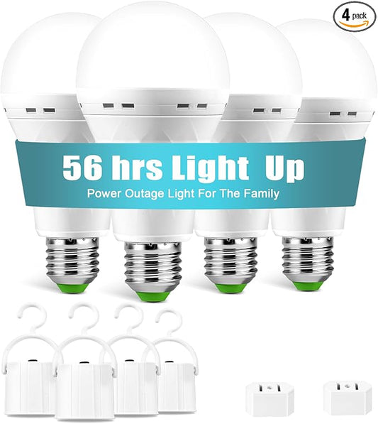 Rechargeable Emergency Light Bulbs, Battery Powered Light Bulb | 6000K Daylight E26 12W 60W Equivalent with 1500mAh for Home Power Outage Camping Hiking(4 Bulbs, 4 Hooks,2 Plug Caps)