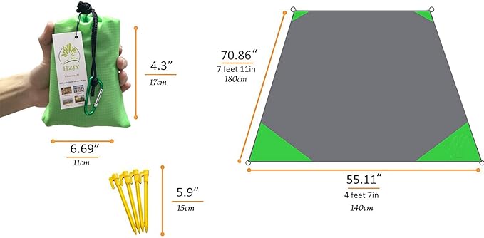 Pocket Blanket 71"x55", Lightweight Compact Sandproof Waterproof Outdoor Blanket for Beach, Hiking, Camping, Travel, Festivals, Picnic with Pockets, Loops, Stakes, Carabiner