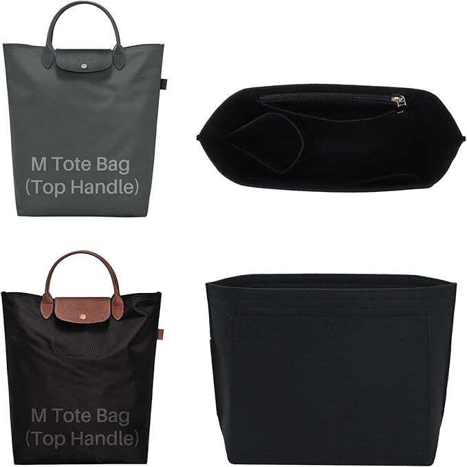 Premium Felt Purse Organizer Insert for Longchamp Le Pliage, Zipper Long Champ Bag Organizer Insert with Cup Holder, 8 Compartments