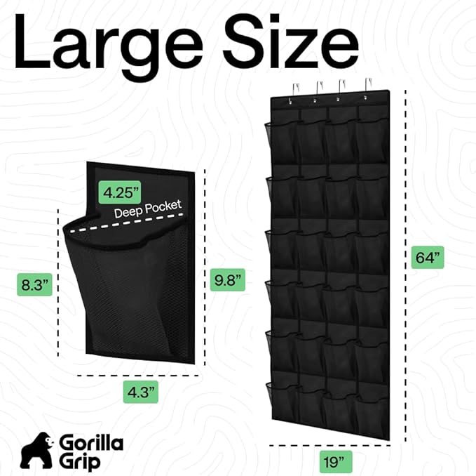 GORILLA GRIP Over the Door Shoe Organizer, 24 Large Breathable Mesh Pockets, Space Saving Hanging Storage Holder, Closet Rack Hanger Holds Up to 40 lbs, Hangs on Closets for Shoes, Accessories, Black