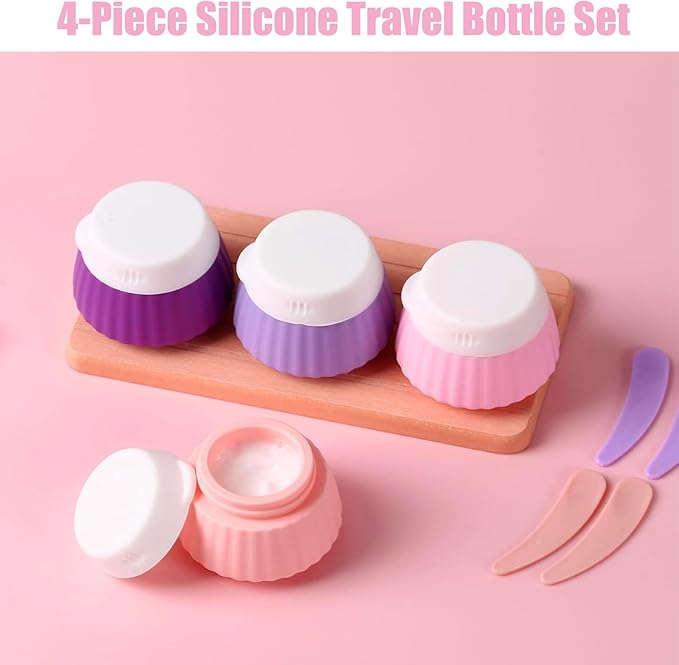 4 Pack Travel Size Silicone Cream Containers, Leak Proof Refillable Toiletry Bottles for Toiletries with 4 Scoops, Labels and Clear Bag, Suitable for Travel Shampoo and Conditioner Bottles (A)