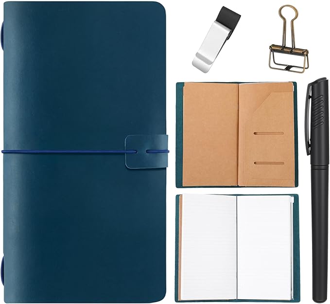 Thenshop Travelers Refillable Leather Journal Notebook Travel Diary Handmade Passport Travelers Journal for Men and Women with 3 Notebook Inserts, Pen Holder, Binder Clip(Blue,Stand Size)