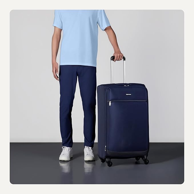 Amazon Basics 28" Large Checked Softside Expandable Suitcase with 360-Degree Multi-directional Spinner Wheels, Zippered Pockets, Telescoping Handle, Spacious, Navy Blue
