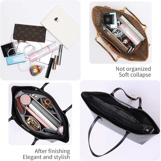 iN. Purse Organizer Insert with zipper Nylon fabric for women Handbags & Totebag, black, Medium: 15.7"(Top)/12.2"(Bottom) L × 4.7" W × 8.3" H