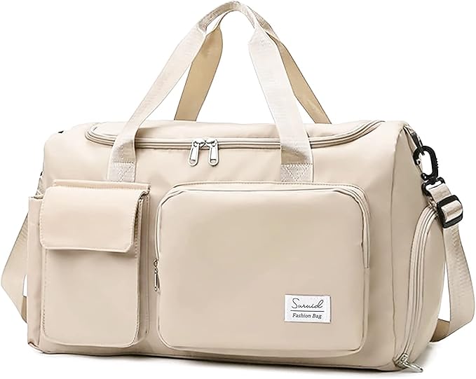 Sports Gym Bag with Shoes Compartment Travel Duffel Bag with Dry Wet Separated Pocket for Men and Women, Overnight Bag Weekender Bag Training Handbag Yoga Bag - Off White