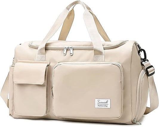 Sports Gym Bag with Shoes Compartment Travel Duffel Bag with Dry Wet Separated Pocket for Men and Women, Overnight Bag Weekender Bag Training Handbag Yoga Bag - Off White