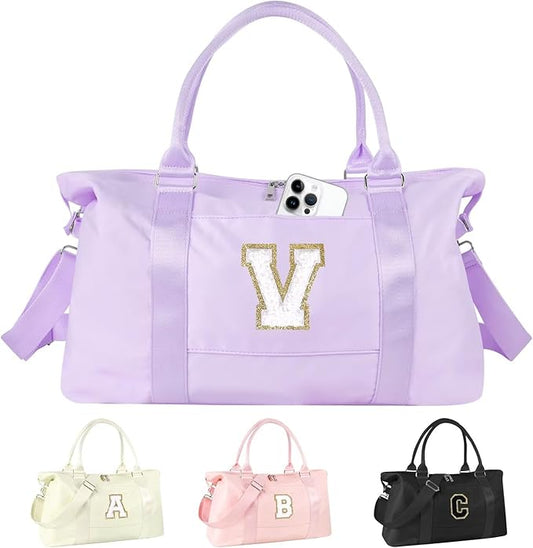 Dance Gym Duffel Bag for Teen Girls, Personalized Initial Travel Weekender Bag,Cute Overnight Carry On Duffle for Women,Sports Travel Cheer Bag,Monogram Christmas Gifts for Tween Preppy(purple-V)