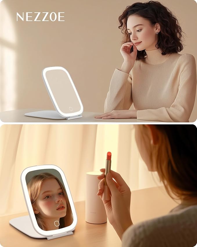 NEZZOE Travel Mirror with LED Light, Rechargeable Portable Lighted Makeup Mirror, 3 Lighting Modes Dimmable Touch Control, Foldable Compact Vanity Mirror for Travel Tabletop, 7x5 Inch