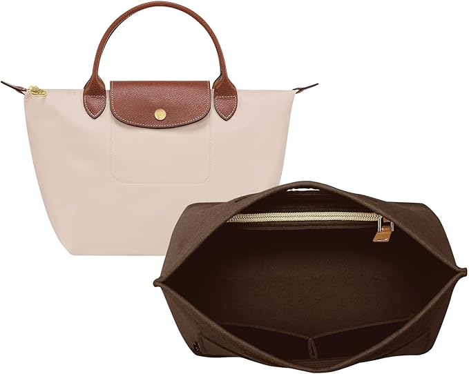 OPPOSHE Purse Organizer Insert for Longchamp Le Pliage, Premium Felt Long Champ Bag Handbag Women, Tote Organizer Insert with 6 Compartments (Small, Dark Brown)