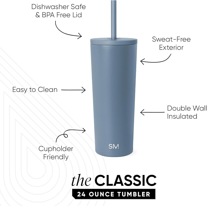 Simple Modern Classic Tumbler with Straw Lid | Insulated Iced Coffee Cup Reusable Stainless Steel Water Bottle Travel Mug | Gifts for Women Men Her Him | 24oz | Blue Dune