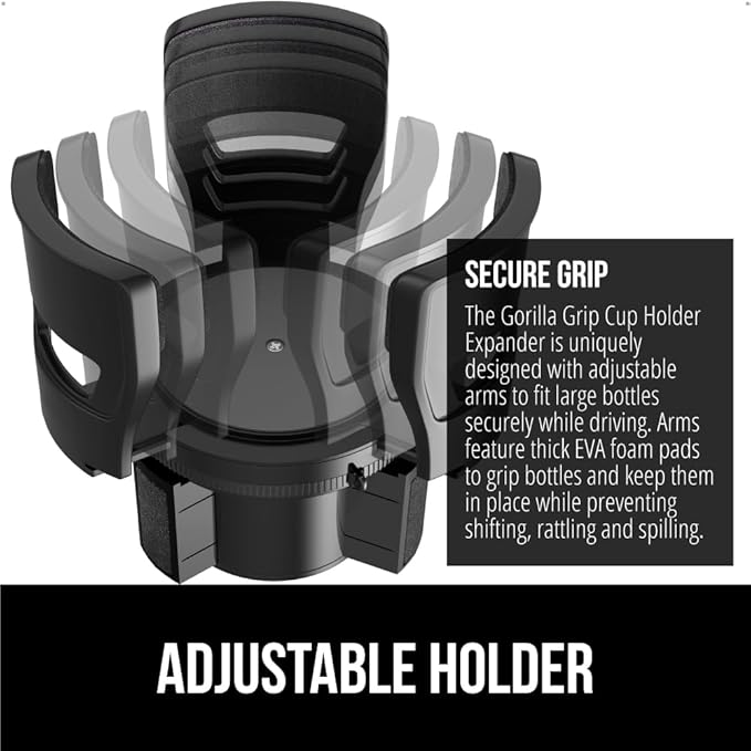 GORILLA GRIP Patent Pending Adjustable Car Cup Holder Expander, 2 PK, Keeps Water Bottle Secure, Expands to Fit 18 to 48 oz Bottles, Yeti, Owala, Stanley with Handle, Coffee Mug Insert for Cars, Black