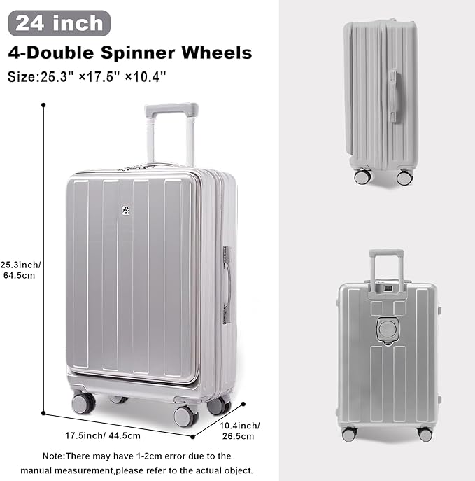 Gets Carry on Luggage Airline Approved,24 Inch Abs+Pc Hardshell Spinner Luggage With Cup Phone Holder and USB Charger,Front Pocket Durable Suitcase for Women Men-Silver