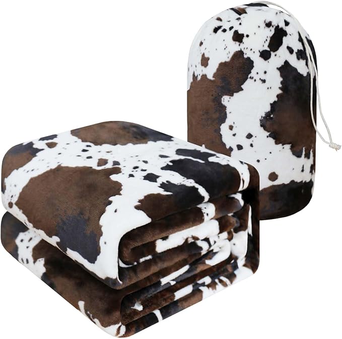 Bnuitland Cow Print Throw Blanket, Large Size 90x90 Inches with Storage Pouch, 300 GSM Double Sided Lightweight Fuzzy Decor, Super Soft Cozy Gift Flannel Fleece Blanket for Bed/Sofa/Couch/Outdoor