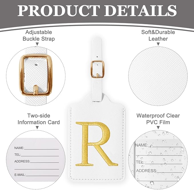 Personalized Initial Luggage Tags for Suitcases,Leather Letter Cute Luggage Tags with Privacy Name Card,Embroidered Monogrammed Travel Bag Backpack Tag Gifts for Women Kids Girls Teens(White-R)