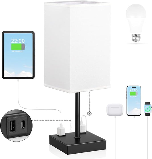 Bedside Lamp for Bedroom - 3 Color Temperatures, USB A+C, 2 AC Outlets | Pull Chain Switch, LED Bulb Included, White Fabric Shade, 17.4" Table Lamp for Nightstand, Desk, Living Room, Office