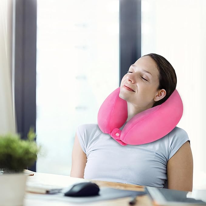 Neck Pillow Adjustable Memory Foam Travel Pillow Soft U Shaped Headrest Neck Support Pillows for Airplanes Sleeping Office Trains Cars Camping Use Rose Red
