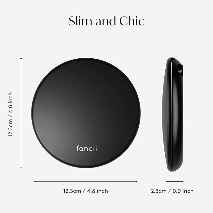 Fancii Taylor LED Lighted Travel Makeup Mirror, Rechargeable with 10x/1x Magnifying & 3 Light Settings - Compact, Portable, Large 5” Wide Hand Mirror for Handbag and Purses (Black)