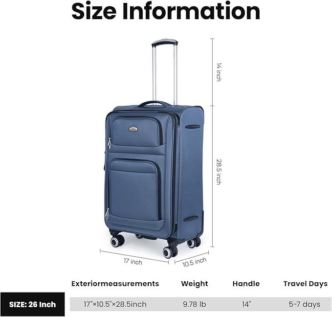 26" Luggage Softside Expandable 15% Checked Luggage with Double Spinner Wheels Combination LOCK,Lightweight Travel Suitcase for Men/Women（Blue,26in）