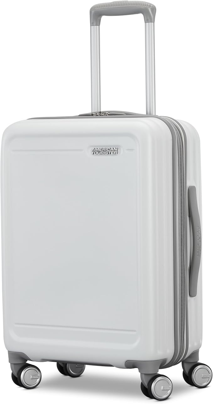 American Tourister Fathead Carry-On Luggage - Airline Approved - Customize with Sports or Character Decal - Durable Hardshell with 1.5" Expansion - 360° Spinner Wheels - RightHeight™ Handle - White