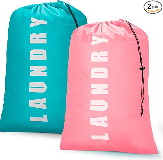 Laundry Bag,2 Pack Travel Laundry Bags for Dirty Clothes,Large Laundry Bags for Camping & Traveling,Dirty Clothes Travel Bag,24" x 36" (Cyan + Pink)