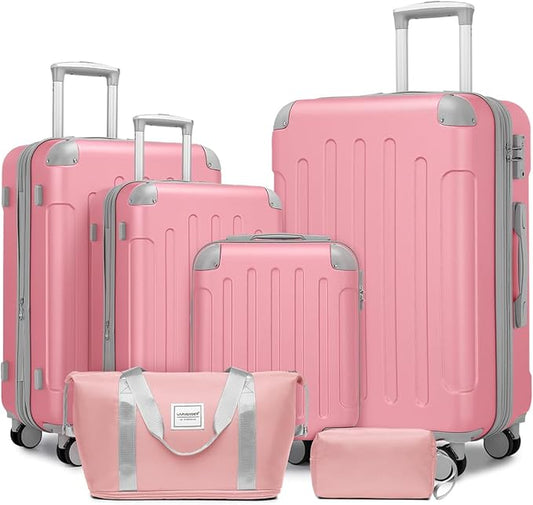 LARVENDER Luggage Sets 6 Piece Hardshell Expandable Suitcases with Spinner Wheels TSA Lock, Lightweight ABS Travel Carry On Luggage Set for Women, Pink Grey