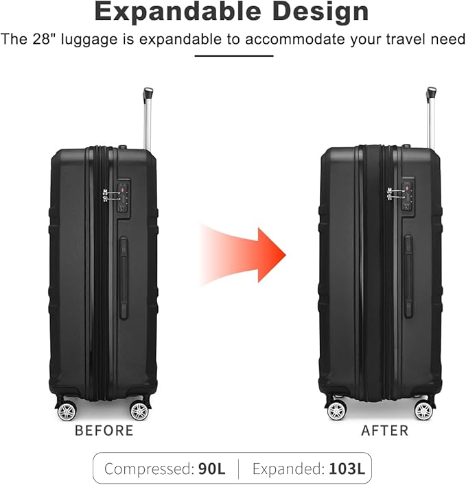 Kono 28 Inch Luggage Expandable Suitcase with Spinner Wheels TSA Lock Lightweight PC+ABS Hardside Large Checked Luggage Durable Rolling Suitcase Black