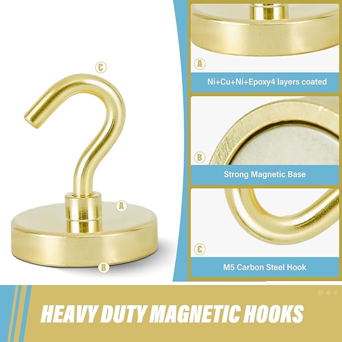 Neosmuk Magnetic Hooks Heavy Duty,Strong Magnet with Hook for Fridge, Super Neodymium Extra Strength Industrial Hooks for Hanging, Magnetic Hanger for Toolbox, Cruise, Grill(Gold,6 Pack)