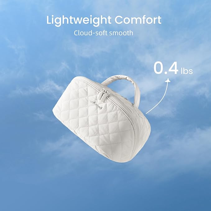 LOVEVOOK Travel Makeup Bag for Women, 2Pcs Puffer Waterproof Cosmetic Organizer, Large Capacity Pouch Open Flat Small Toiletry Bag with Brush Compartment & Handle (Off-white, Medium)