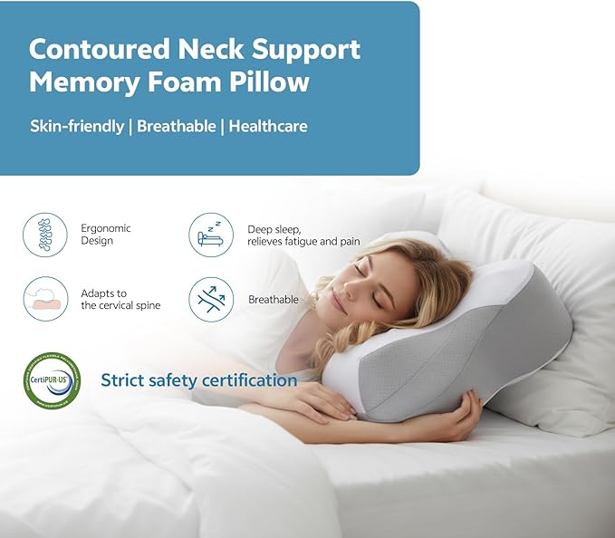 Talc-Free Cervical Memory Foam Pillow for Neck and Shoulder, Butterfly-Shaped Ergonomic Breathable Pillow for Side Back Stomach Sleepers with Pillowcase, Skin-Friendly Fabric