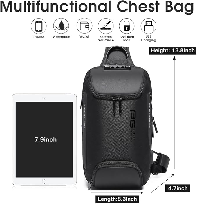 BANGE Anti theft Sling Backpack with Lock, Men's Sling Bag for Men, Shoulder Crossbody Backpack with USB Charging Port for Men and Women
