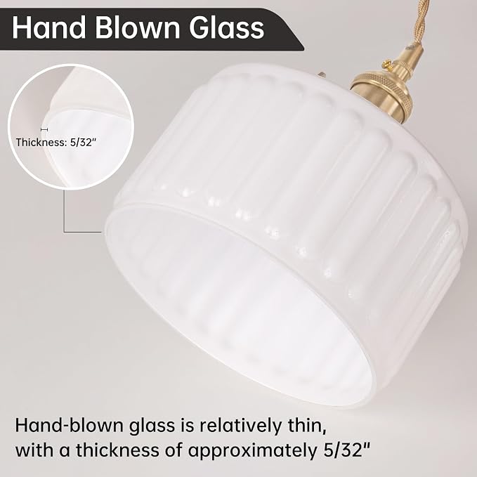 Shenmoyl Plug in Pendant Light Hanging Light Fixture Corded On/Off Switch Brass Pendant Light with White Striped Glass Lampshade for Bedroom Living Room Kitchen Island