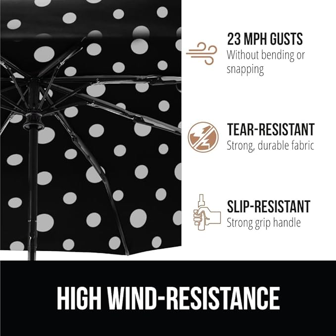 GORILLA GRIP Strong Windproof Stick Compact Umbrella for Rain, One-Click Automatic Open and Close, Durable Quick Dry Waterproof Material, Lightweight and Portable, Travel Size Fits Backpack Polka Dots