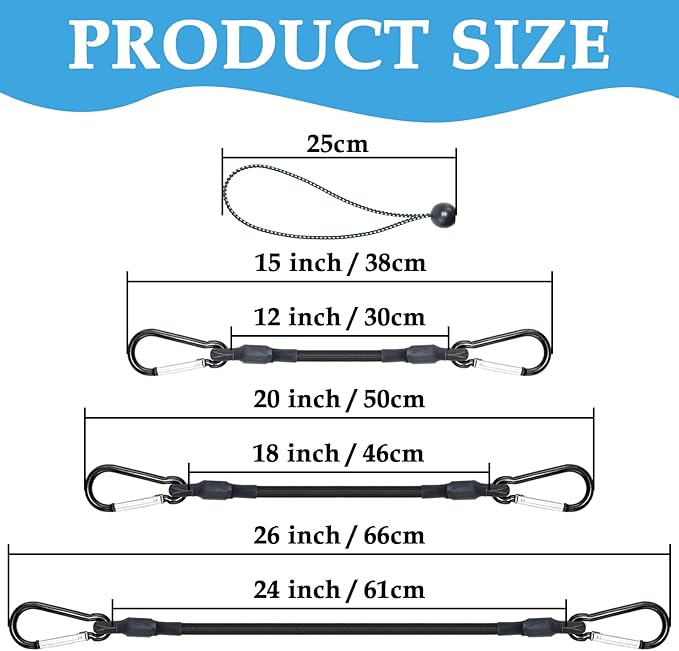 SDTC Tech 12" 18" 24" Mini Short Bungee Cords with Carabiner Hooks and 9 Inches Length Ball Bungee Elastic Tie Downs Straps Assortment Kit for Tent, Bike, Kayak, Luggage, Home Storage