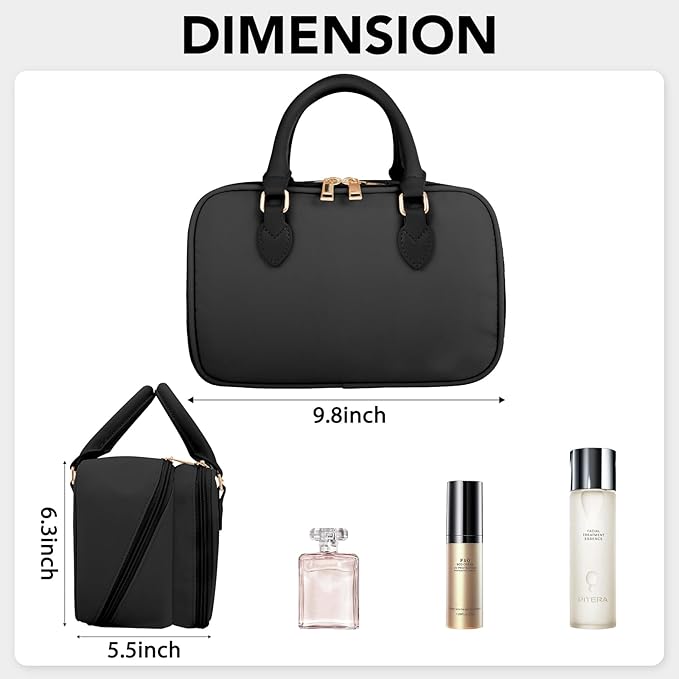 Travel Makeup Bag for Women Fashion Large Capacity Pouch Open Flat Cosmetic Portable Organizer Waterproof Large Opening Storage Toiletry Bags Vertical Free-Standing Brush Holder for Easy Access Black