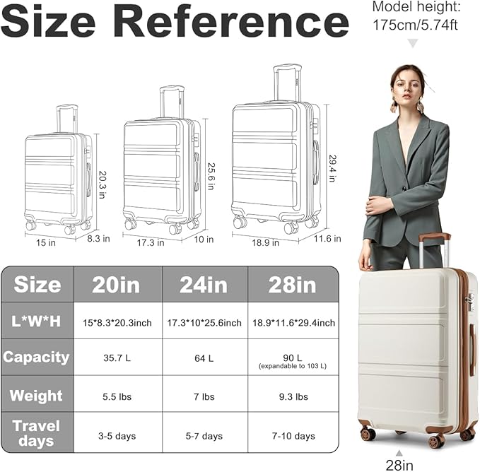 Kono 28 Inch Luggage Expandable Suitcase with Spinner Wheels TSA Lock Lightweight PC+ABS Hardside Large Checked Luggage Durable Rolling Suitcase Cream White