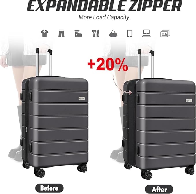 SmileLine 3-Piece Luggage Set Lightweight Hardside Suitcase TSA Lock Spinner Wheels, 20" Expandable Carry-On Luggage with Quick Access Front Open Pocket, Bonus Makeup Bag,Grey