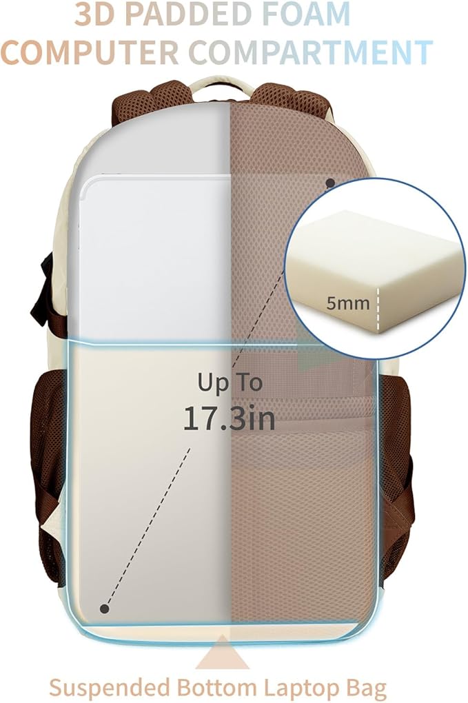 ECOHUB Travel Backpack for Women, 17.3 inch Suspended Laptop Backpack, Fashion Water-Resistant College Computer Bookbag, 28L Personal Item Bag with 12 Pockets for Causal, Work, Cream & Brown